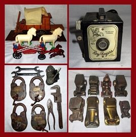 Old West Wagon Replica, Roy Rogers and Trigger Camera, Reproduction Locks, Ford Tools, Car Banks and More  