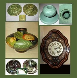 Rookwood, Roseville and Desert Sands Pottery Candle Holders and Large  Victor Moriniere French Wall Clock