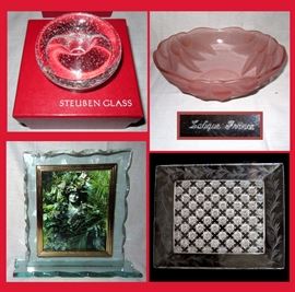 Steuben Pair of Candle Holders in Original Boxes, Lalique Bowl, Thick Heavy Glass Frame and St. Clair Plate 