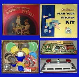 The Little American Maid Tea Set in Original Box, Con Edison's Plan Your Kitchen Kit with Numerous Pcs, Metal Racing Platform and Vintage Boat 