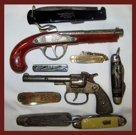 Toy Guns and Pocket Knives Including a Hubley with Bakelite Handle, a Hopalong Cassidy Pocket Knife and a 1933 Chicago World's Fair Pocket Knife 