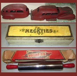 1930s Wyandotte LaSalle with Travel Trailer with Melted Wheels, Old Necktie Box and Krispy Krust Rolling Pin with Box 