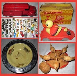 Very Old Metal Car, Mini Miniatures, Knickabocker Quacking Duck, Presidential Ware Animal Bowl and Pecking Chicks Game 