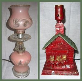 Vintage Glass Boudoir Lamp and Cast Iron Three Little Pigs Lamp 