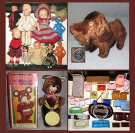 Vintage Dolls, Dog and Teddy Bear and Lots of Doll House Furniture 