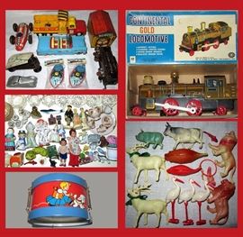 Vintage Tin Toys, Continental Gold Locomotive, Sebastian Figures, Celluloid Animals and Much More 