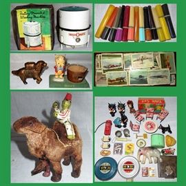 Battery Operated WashOMatic with Box, Bakelite Cigarette Holders, Dog Bank, Cast Iron Porky Pig, Tiny Airplane Cards, Camel and Rider, Cutest Tiny Patio Set in Original Box and other Great Smallls