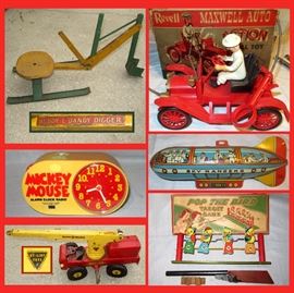 Buddy L Dandy Digger, Revell Maxwell Auto with Box, Mickey Mouse Alarm Clock, NyLint Toys Crane and More