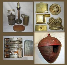 Cool Antique Tin and Copper Items including an Adjustable Candle, Bradley and Hubbard Desk Set, Old Needle Kit and Cast Iron Beehive  