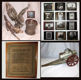 Sterling Dog and Silver Eagle, 1895 Tandem Paddling First Place Award Cup, Antique Glass Plates, 1843 Sampler and Metal Toy Canon 
