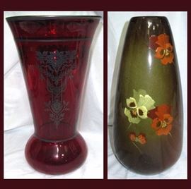 Tall Vases; Ruby with Silver Overlay and Rozane