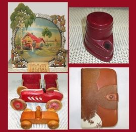 Very Ornate Puffy 1958 Calendar, Bakelite Ink Well, Wooden Toys and Cowhide Vanity Case 