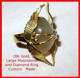 18K Gold Custom Made Moonstone and Diamond Ring, Just Stunning