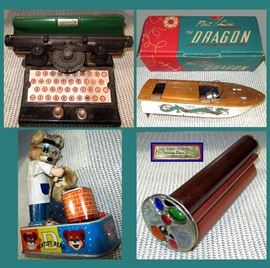 American Flyer Toy Typewriter, Fleet Line; The Dragon, Battery Powered Boat in Excellent Condition, The Dentist Bear and Chesnik-Koch Ltd. Kaleidoscope with Stand  