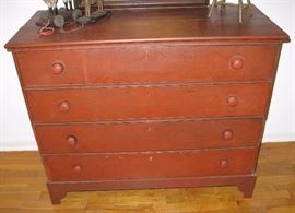 Four drawer, old red, bracket foot. Pennsylvania.