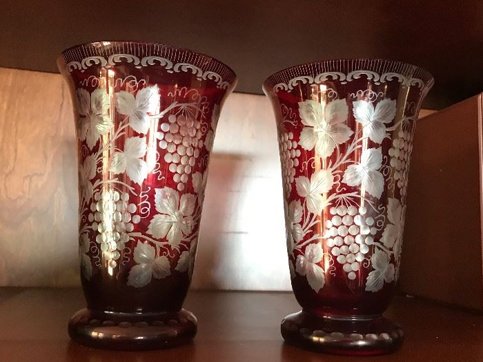 Pair of cut-to-clear late 1800s crystal Bohemian vases