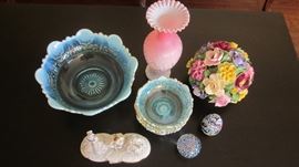 BLUE OPALESCENT BERRY SET, PEACH MOTHER OF PEARL HERRINGBONE ART GLASS VASE, DENTON BONE CHINA FLOWERS, PAPERWEIGHTS & DRESDEN FIGURINE