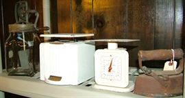 Day Churn, Vintage 25 lb scales, Antq wood handled Sadd Iron
