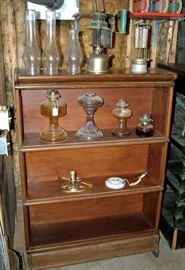 Walnut stacking bookcase-openface shelves. Vintage blue handle coleman lantern