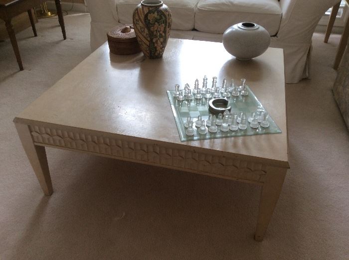 Blonde cocktail table, one of a three piece set 