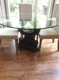 Beveled glass top dining table and upholstered chairs, set of six