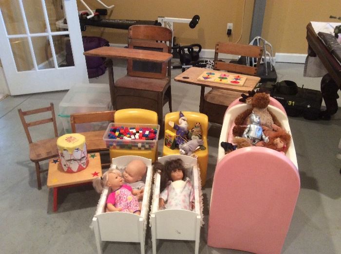 Collectible dolls, accessories and antique children's desks