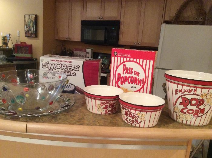 Party time! Popcorn bowls and Pass the Popcorn game, plus a brand new S'mores Maker