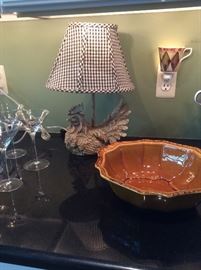 Rooster lamp with gingham shade, pumpkin serving bowl 
