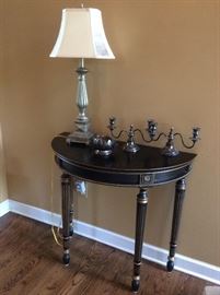 Stunning demilune table, silver tone lamp, vintage candelabra