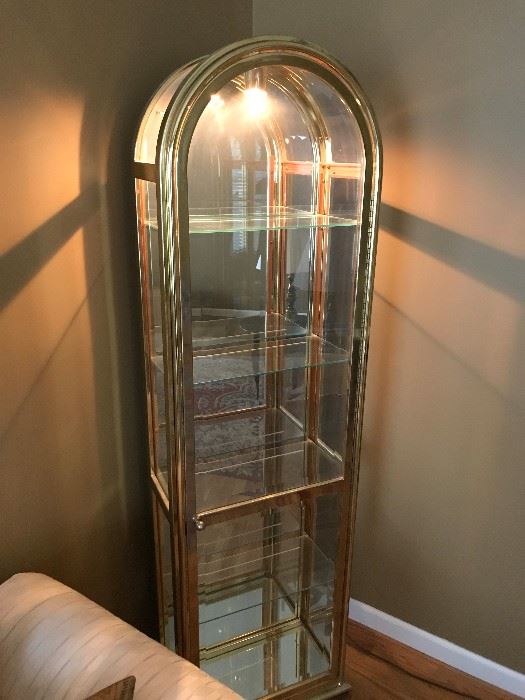 Lighted Brass and Glass Curio Cabinet