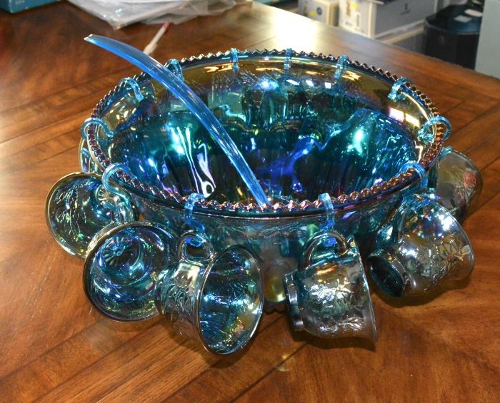 Indiana Glass Cobalt Carnival Glass Punch set