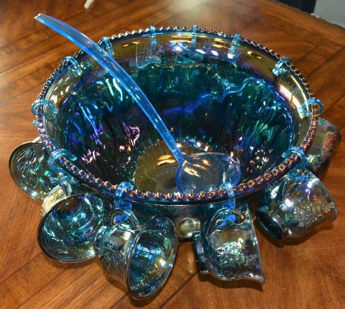 Indiana Glass Blue Carnival Glass Punch set