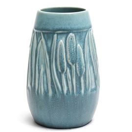 Vintage Rookwood Pottery Cattail Vase: A vintage Rookwood Pottery cattail vase. This blue matte vase features a cattail design to the center and is numbered 2592 dated XLVII 1947 to the reverse.