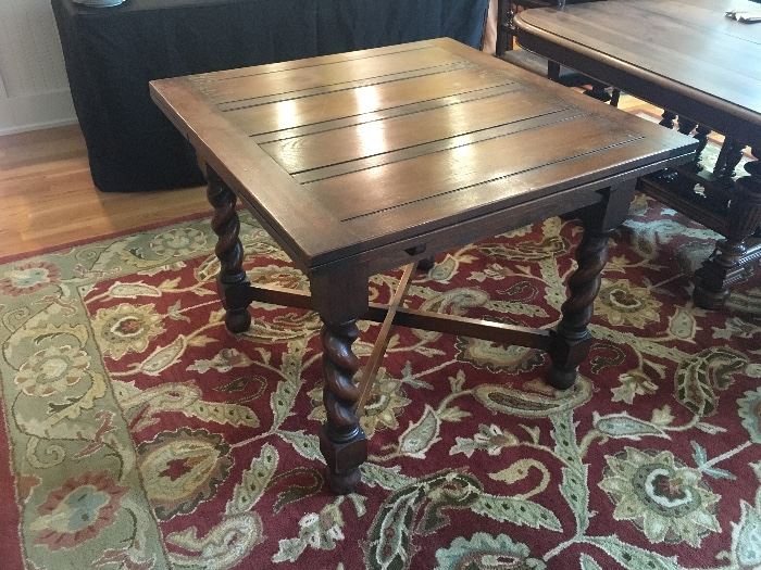 Barley twist table with pull out leaves under the table top. 36" square. 36" x 50" with leaves. 