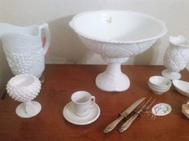 Milk glass punch bowl, pitcher, vase