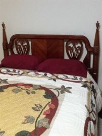 Bassett queen size headboard, quilt, queen mattress set 