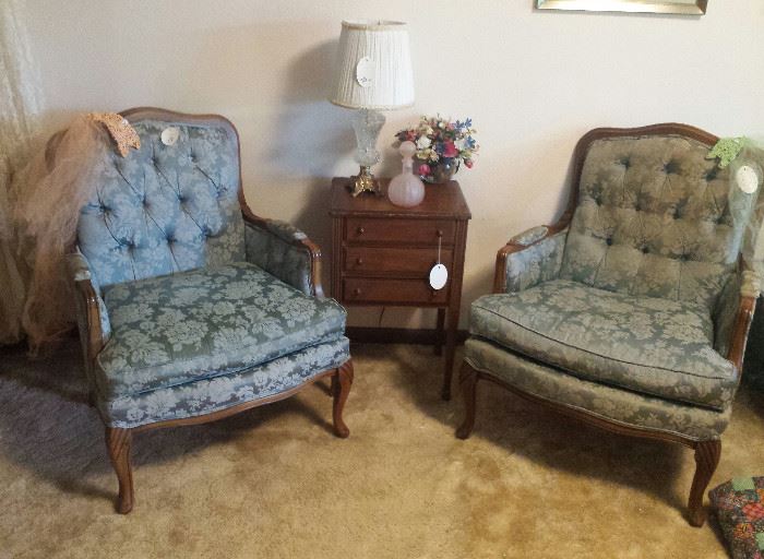 French chairs in blue brocade fabric, small sewing table