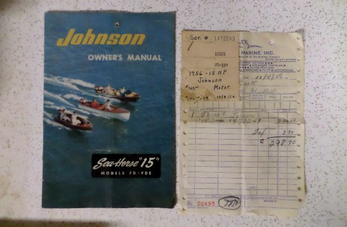 1956 Johnson "Sea Horse" outboard motor with original manual & receipt 
