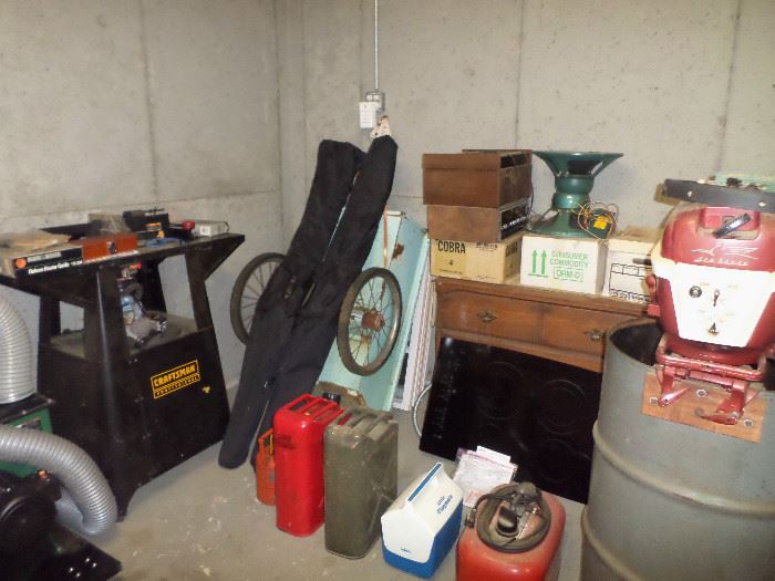 Craftsman Router Table, misc tools, water skis, speakers, vintage blue metal garden cart & more. The speakers, router table, Johnson motor & gas cans have been sold