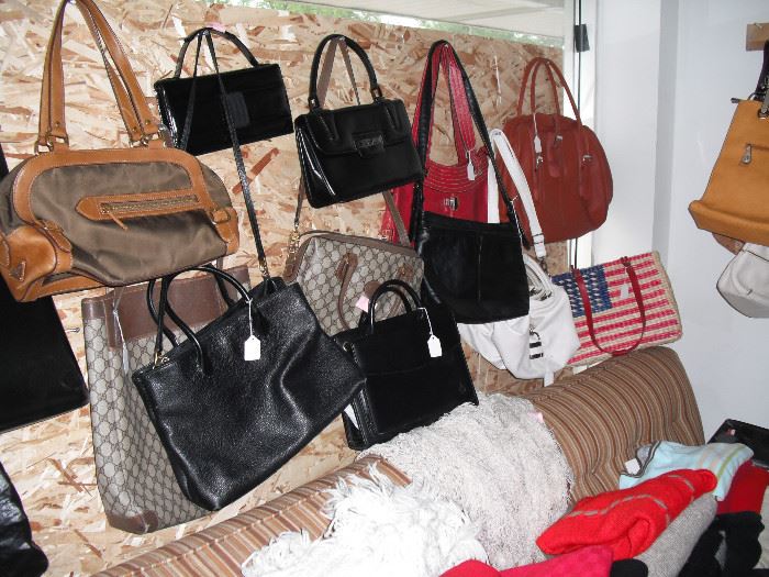 Quantity of quality handbags including Prada, Coach, and fabulous Fourth of July straw handbags