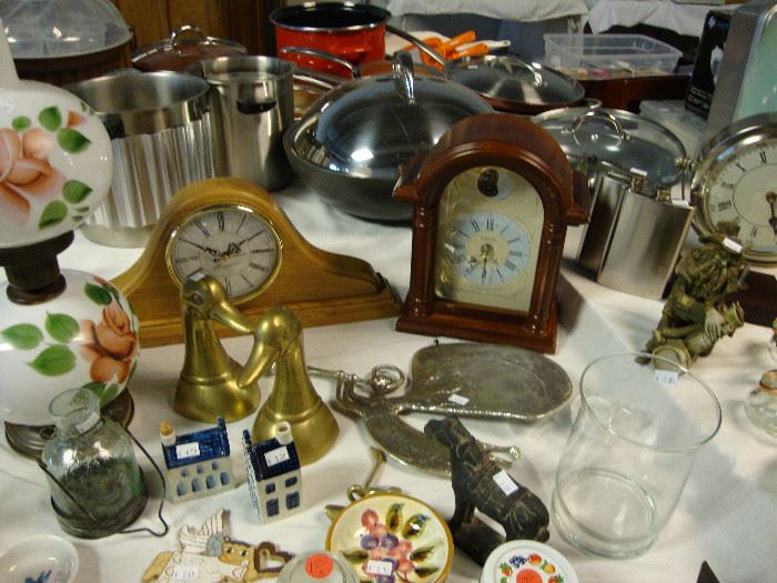 Mantle clocks including Bulova, brass bookends