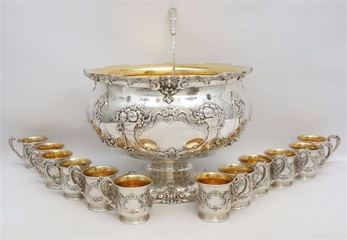 Monumental 4 Gallon Solid Sterling Silver Francis I Punch Bowl, 12 cups and matching ladle. All available in the June 25th auction. 1 PM EST