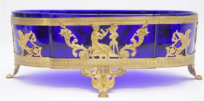 19th c. French Bronze and Cobalt Center Bowl 12"
