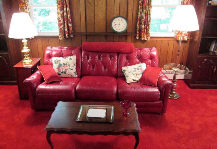 Red Leather 3 Cushion Sofa, Floor Lamp, Coffee Table, Electric Heater