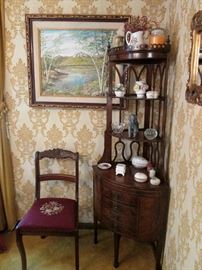 Etagere, Needlepoint Side Chair, Landscape Oil Painting