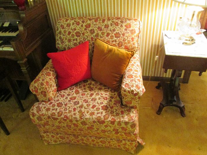 Upholstered Arm Chair, Marble Top Side Table w Music Theme