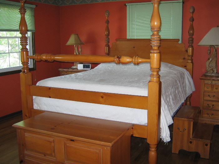 Pine poster queen bed frame with stairs-$175; pine hope chest $50