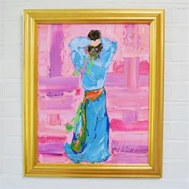 Gayle Gillette Hummel Original "Blanche" Oil Painting: An original oil painting titled Blanche by Cincinnati artist Gayle Gillette Hummel. Painted in an Impressionist style on canvas, Hummel uses bold tones of pink and fuchsia with broad textural strokes, depicting a young woman in blue with her back turned. It is signed lower right. The art is presented in a gold tone composite frame, framed by Clossons.