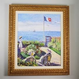 Katia Pissarro "Un Ete a la Gibertiere" Original Oil Painting: An original oil painting titled “Un été a la Gibertiere” by Katia Pissarro (French, 1937-2000). Translated – A summer at the Gibertiere. This Impressionist style painting by Katia Pissarro, wife of Claude Pissarro, depicts women enjoying the coastal view from this French island. It is an oil on canvas, and signed on the lower right Katia Pissarro. The art is presented in a gold tone wood carved from with a linen interior edge and is ready to hang with a wire on the reverse.