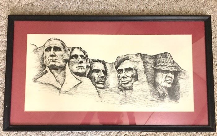 Bear Bryant on Mt. Rushmore framed sketch by John Anderton, dated 1981